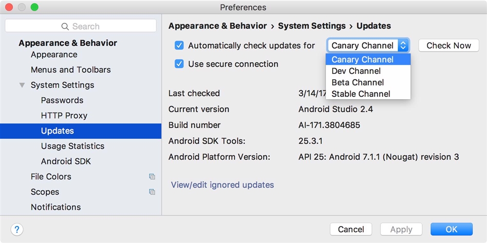 Sự khác biệt giữa Android Studio Beta Channel, Canary Channel, Dev Channel là gì?, su khac biet giua android studio beta channel canary channel dev channel la gi